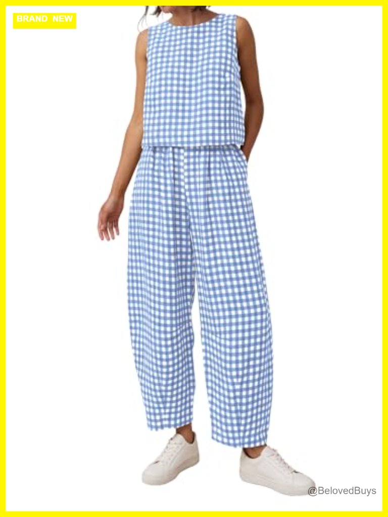2 Piece Lounge Set Cotton Plaid Sleeveless Top Wide Leg Pants Casual Vacation